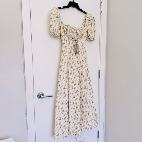 House of CB Puff Sleeve Midi Sundress XS - Garden Print Cream Green - Picture 4 of 8